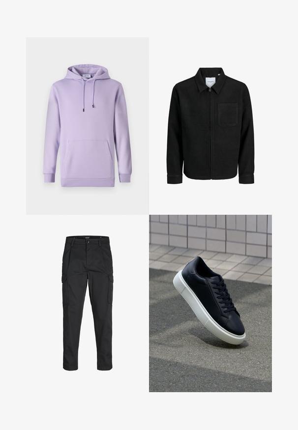 Mustaga lukuga jakker, millel on krae ja üks rinna-tasku, esitatud valgel taustal.; Lilla kapuutsiga pehme kangaga, millel on eesmine tasku, reguleeritavad nöörid ning soonikkoes varrukad ja serv.; Mustad mustapõlvik, mis on valmistatud tugeva koe kasutades, sisaldab mitmeid taskuid, nupule kinnitatav sulgemine ja kitsenev disain.; Mustast nahast tennisetoss, millel on ümar nina ja valge kummist tall. Omab siredaid paelu ja minimaalset õmblemist ülemises osas. Tekstuuriga tald, mis tagab haakuvuse.