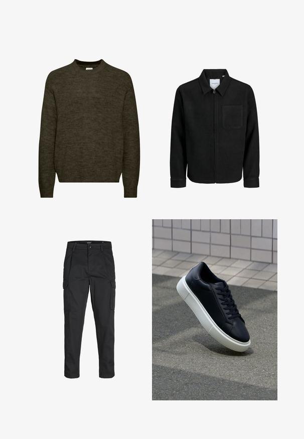 Schwarze Zip-Jacke mit Kragen und einer einzelnen Brusttasche, auf weißem Hintergrund präsentiert.; Dunkelgrüner Strickpullover mit rundem Halsausschnitt, langen Ärmeln und gerippten Bündchen. Weicher Stoff mit leicht fuzzy Finish.; Schwarze Cargo-Hose aus robustem Material, mit mehreren Taschen, einem Knopfverschluss und einem Slim-Fit-Design mit schmal zulaufenden Beinen.; Schwarze Leder-Sneaker mit runder Zehenpartie und weißer Gummisohle. Verfügt über flache Schnürsenkel und minimale Nähte im Obermaterial. Strukturiertes Sohlenprofil für besseren Halt.