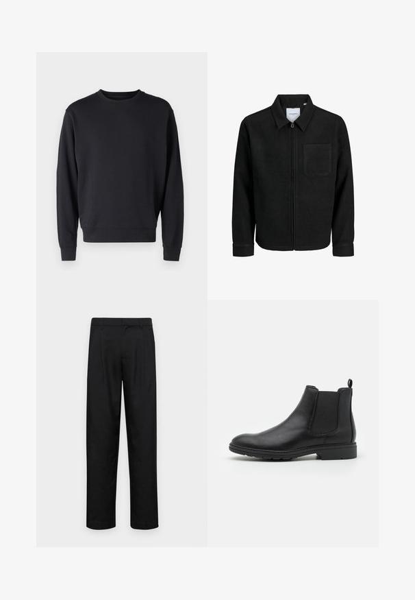 Fekete, zipzáros dzseki gallérral és egyetlen mellzsebbel, fehér háttéren.; Fekete pamutkeverék pulóver, kerek nyakkivágással, hosszú ujjal, bordás mandzsettával és szegéllyel. Sima felület, minimalista dizájn.; Fekete nadrág sima anyagból, egyenes szárú fazonnal, két elülső redővel és közönséges derékkal, övhurkokkal.; Fekete bőr Chelsea csizma, elasztikus oldalpanellel és húzófüllel, lekerekített orral és texturált gumitalppal.