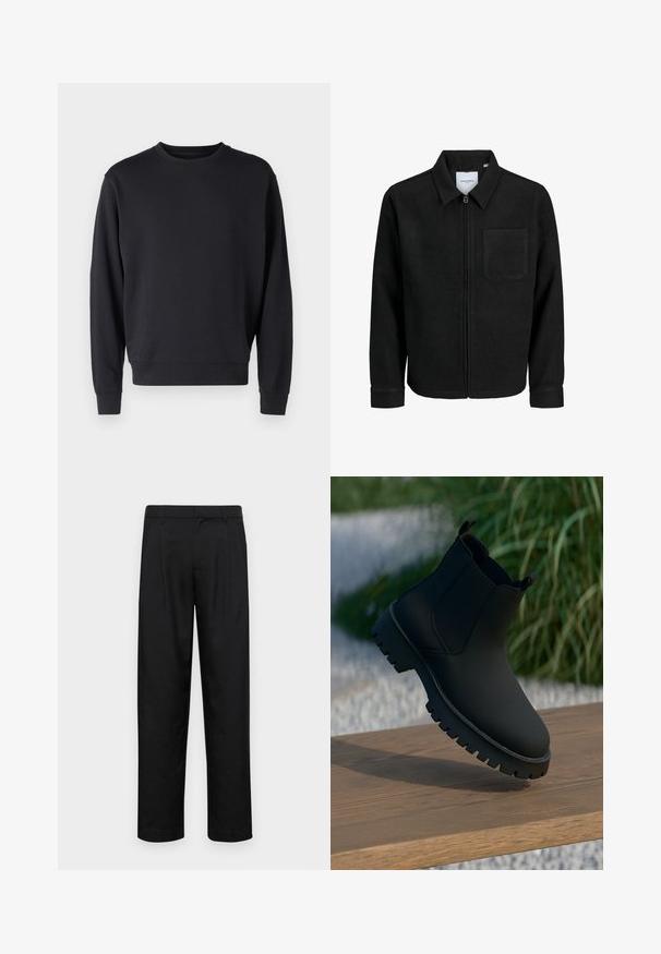 Musta vetoketjullinen takki, jossa on kaulus ja yksi rintatasku, esitelty valkoista taustaa vasten.; Musta collegepaita, joka on valmistettu puuvillasekoitteesta, pyöreällä kaula-aukolla, pitkillä hihoilla sekä ribbauslahkeilla ja -helalla. Tasainen pinta, minimalistinen muotoilu.; Mustat housut, jotka on valmistettu sileästä kankaasta, suoran lahkeen muotoilulla, kahdella etupleekillä ja tavanomaisella vyötäröllä, jossa on vyölenkit.; Musta nilkkuri, jossa on sileä pinta, joustavat sivupaneelit ja paksu, kova pohja. Aseteltu luonnolliseen taustaan puupinnalle.