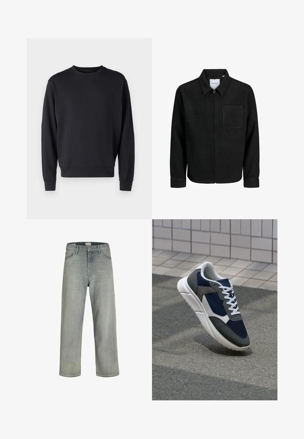 Mustaga lukuga jakker, millel on krae ja üks rinna-tasku, esitatud valgel taustal.; Must mustelaste segu, ümmarguse kaeluse, pikkade käiste ja soonikkoeservadega must pusake. Sile tekstuur, minimalistlik disain.; Heledad hallhallid, laia lõikega denimist teksased. Omavad klassikalist viie tasku disaini, vööloopse ja sirget säärelõiget.; Sneaker, mille sinine võrkkangas, hallid nubukdetailid, valge kummitald ja lamedad valged paelad, disainitud mugavuseks ja hingavuseks.