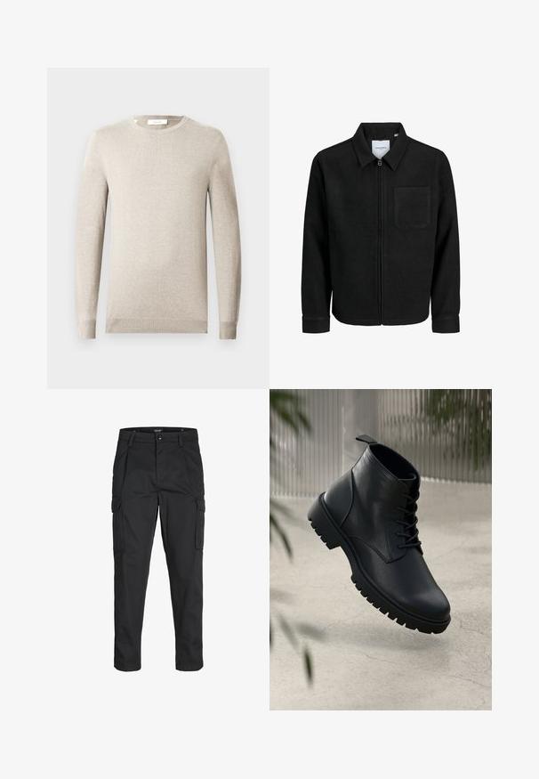 Melna jaka ar rāvējslēdzēju un apkakli, vienu krūšu kabatu, parādīta uz baltas fona.; Bēša krāsas garroku džemperis ar apaļu kaklu, ar ribotiem aproču un apakšmalas malu, attēlots uz vienkārša gaiša fona.; Melns kokvilnas T-krekls ar apaļu kakla izgriezumu, īsām piedurknēm un brīvu piegriezumu. Gluda tekstūra un nav redzamu rakstu vai akcentu.; Melnas kravas bikses, izgatavotas no izturīga auduma, ar vairākiem kabatām, pogu aizdari un šaura piegriezuma dizainu ar sašaurinātiem kāju apakšiem.; Melnas ādas potītēm līdzīgas kurpes ar noapaļotu purngalu, saistīšanas sistēmu un izturīgu gumijas zoli. Gluda virsma ar cilpu aizmugurē.