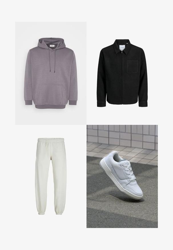 Black zip-up jacket with collar and single chest pocket, displayed on white background.; Grey hoodie with a drawstring hood, front pouch pocket, ribbed cuffs, and hem. Made of soft cotton blend fabric with a smooth texture.; White sweatpants made from soft fabric, featuring an elastic waistband and cuffs, with a smooth texture and loose-fitting design.; White leather sneaker with perforated sides, textured accents, flat laces, and a contrasting gray heel. Features a slightly elevated sole.