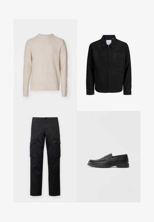 Juodas džemperis su užtrauktuku, apykakle ir vienu krūtiniu kišenėje, pristatytas baltame fone.; Šviesiai bežinis megztinis su struktūrizuota danga, apvaliu iškirpimu, banguotais rankogaliais ir apačia, pagamintas iš švelnios, šiltos medžiagos.; Juodos krovinių kelnės, turinčios kelis kišenes, užtrauktuku uždaromą kišenę ant šlaunies, tiesaus kirpimo ir tvirtos medvilnės audinys su nežymiu blizgesiu.; Juodai odiniai loaferiai su sklandžiu paviršiumi, mokasino stiliaus viršus, siuvinėjimu ir guminėmis padangomis. Klasikinis dizainas su žemu kulnu.