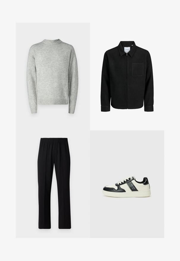 Sort lynlåsjakke med krave og en enkelt brystlomme, vist på hvid baggrund.; Lys grå pullover sweater, strikket tekstur, rund hals, lange ærmer, ribbede kanter og manchetter, afslappet pasform, minimalistisk design.; Sorte bukser med elastisk talje og lige ben, der har en glat tekstur og ingen synlige mønstre eller hardware.; Lædersneakers i sort og creme farveskema, med perforerede detaljer, en polstret krave og en struktureret ydersål.