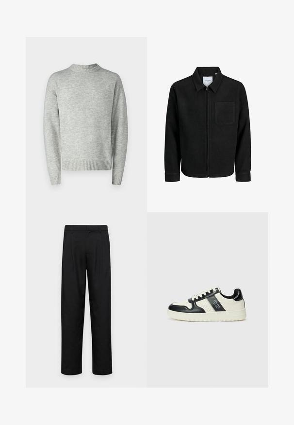 Sort lynlåsjakke med krave og en enkelt brystlomme, vist på hvid baggrund.; Lys grå pullover sweater, strikket tekstur, rund hals, lange ærmer, ribbede kanter og manchetter, afslappet pasform, minimalistisk design.; Sorte bukser lavet af glat stof, med et lige ben-design, to frontfolder og en standard talje med bæltestropper.; Lædersneakers i sort og creme farveskema, med perforerede detaljer, en polstret krave og en struktureret ydersål.
