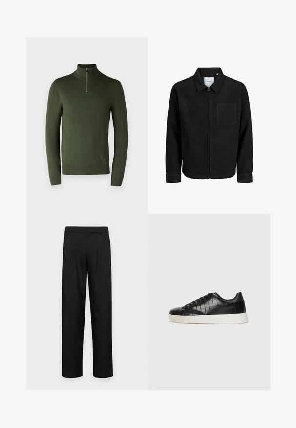 Musta vetoketjullinen takki, jossa on kaulus ja yksi rintatasku, esitelty valkoista taustaa vasten.; Vihreä pitkähihainen neulepaita, jossa on korkea kaulus ja lyhyt vetoketju. Valmistettu pehmeästä kankaasta, jossa on resorit hihansuissa ja helmassa.; Mustat housut, jotka on valmistettu sileästä kankaasta, suoran lahkeen muotoilulla, kahdella etupleekillä ja tavanomaisella vyötäröllä, jossa on vyölenkit.; Musta lenkkarit, joissa on teksturoitu krokotiililla kohokuvioitu nahkapinta, pyöristetty varvas ja erottuva valkoinen kumipohja, jossa on sileä pinta.