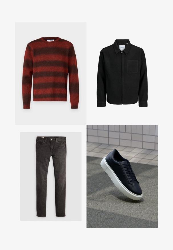 Jachetă neagră cu fermoar, cu guler și un singur buzunar pe piept, expusă pe fundal alb.; Selected Homme SLHRAI OMBRE CREW NECK - Pulover - red ochre/chocolate torte; Jeans negri din denim cu croi slim, având un design cu cinci buzunare, nasture din alamă și textură subtilă. Fără modele vizibile sau embellisări suplimentare.; Tenis cu piele neagră, cu vârful rotund și talpă din cauciuc alb. Are șireturi plate și cusături minime pe suprafață. Tălpile texturate oferă aderență.