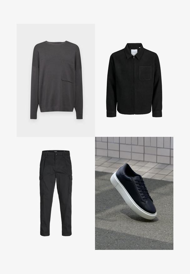 Black zip-up jacket with collar and single chest pocket, displayed on white background.; Charcoal gray long-sleeve knit sweater with a crew neck and a single chest pocket. Soft texture with a relaxed fit and ribbed cuffs.; Black cargo pants made of sturdy fabric, featuring multiple pockets, a button closure, and a slim fit design with tapered legs.; Black leather sneaker with rounded toe and white rubber sole. Features flat laces and minimal stitching on the upper. Textured sole for grip.