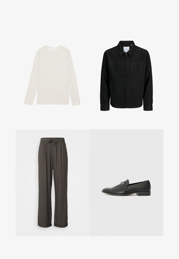 Črna jakna z zadrgo in ovratnikom ter enim žepom na prsih, prikazana na beli podlagi.; Kremasta majica z dolgimi rokavi, izdelana iz mehkega pletenega materiala. Ima okroglo ovratnico in sproščen kroj brez vidnih vzorcev ali dodatkov.; Temno siva široka hlače z elastičnim pasom, izdelane iz mehke, strukturirane tkanine, z zavihanimi manšetami na gležnjih.; Črni usnjeni loafer z gladko površino, ki ima šivano zasnovo in dekorativni kovinski verižni naglas preko vampirja. Ravno peto.