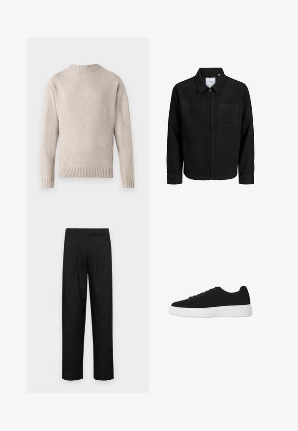 Schwarze Zip-Jacke mit Kragen und einer einzelnen Brusttasche, auf weißem Hintergrund präsentiert.; Beige gestrickter Pullover mit rundem Ausschnitt, gerippten Bündchen und Saum sowie einer weichen Textur. Verfügt über eine lockere Passform und lange Ärmel.; Schwarze Hose aus glattem Stoff, mit geradem Bein Design, zwei vorderen Falten und einem Standardbund mit Gürtelschlaufen.; Schwarze Wildledersneaker mit runder Zehenpartie, schnürbarem Vorderteil und weißer Gummisohle. Einfaches Design mit minimalen Akzenten und glatter Textur.