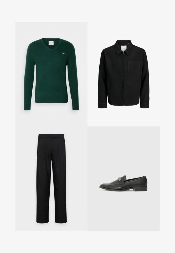 Black zip-up jacket with collar and single chest pocket, displayed on white background.; V-neck sweater in dark green, made of soft material. Fitted design with long sleeves and a small embroidered logo on the chest.; Black trousers made of smooth fabric, featuring a straight-leg design, two front pleats, and standard waistband with belt loops.; Black leather loafer with a smooth finish, featuring a stitched design and a decorative metal chain accent across the vamp. Flat heel.