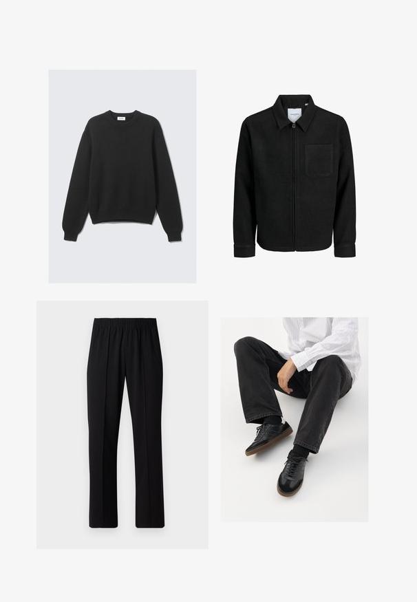 Sort lynlåsjakke med krave og en enkelt brystlomme, vist på hvid baggrund.; Sort langærmet striktrøje med rund hals, ribbede manchetter og kant, lagt fladt mod en lys baggrund.; Sorte bukser med elastisk talje og lige ben, der har en glat tekstur og ingen synlige mønstre eller hardware.; Sorte sneakers med en glat og tekstureret overdel, der har en gummisål og mørke snørebånd. Bæret sammen med sorte jeans og en hvid stribet skjorte.
