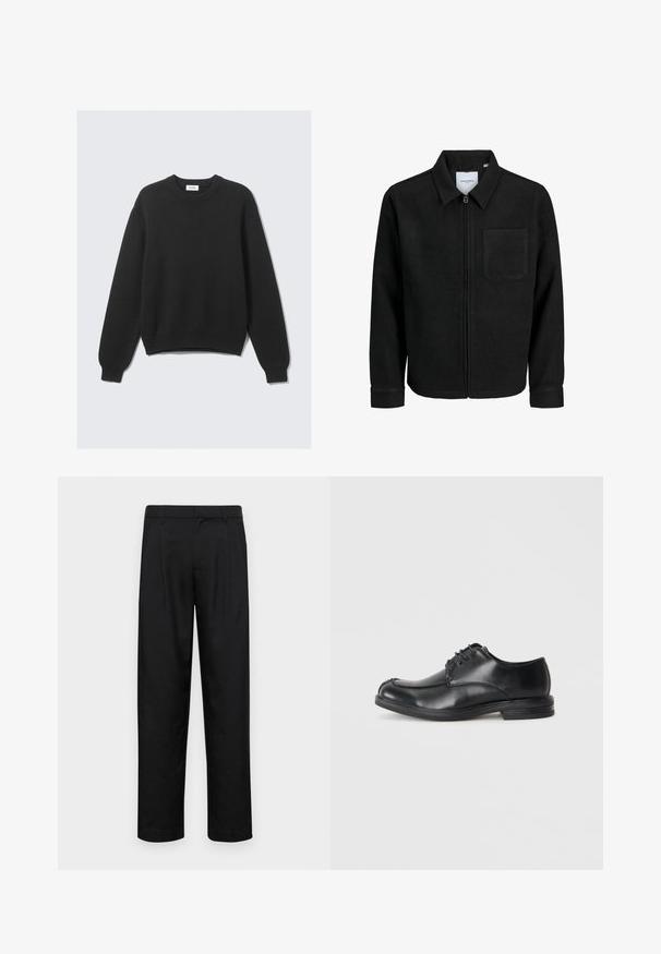 Black zip-up jacket with collar and single chest pocket, displayed on white background.; Black long-sleeve knit sweater with crew neck, ribbed cuffs, and hem, laid flat against a light background.; Black trousers made of smooth fabric, featuring a straight-leg design, two front pleats, and standard waistband with belt loops.; Black leather lace-up shoes with a rounded toe, smooth texture, and a low heel. Features stitching detail along the upper and sides.