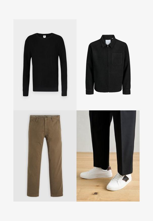 Črna jakna z zadrgo in ovratnikom ter enim žepom na prsih, prikazana na beli podlagi.; Črn pulover z rebrasto teksturo, dolgimi rokavi in okroglim vratom. Ponaša se s tesnim prileganjem in čistim dizajnom. Logo blagovne znamke na vratu.; Khaki bombažne hlače s ravnim krojem, ki vključujejo gumbasto zapiranje, dve sprednji žepi in gladko teksturo.; Beli športni copati z gladko teksturo, okrašeni z rjavimi usnjenimi detajli in črnimi poudarki, v kombinaciji s črnimi krojenimi hlačami. Ozadje iz lesenih tal.