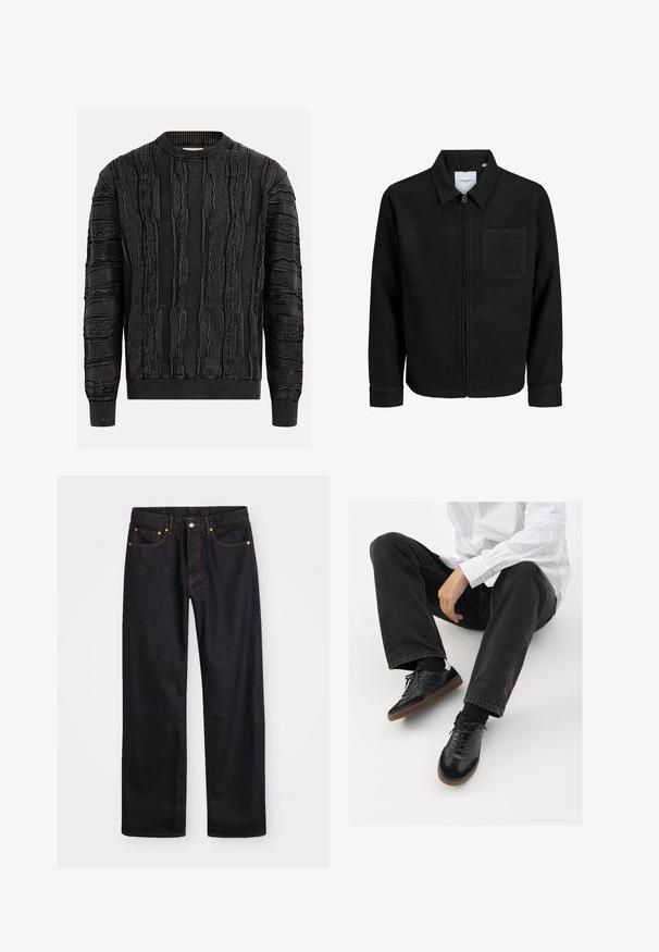Zwarte zip-up jas met kraag en enkele borstzak, weergegeven op een witte achtergrond.; Zwarte trui met een gestructureerd oppervlak met verhoogde, golvende patronen. Geribbelde ronde halslijn en mouwen, die zorgen voor een aansluitende silhouet.; Heren straight-leg zwarte denim jeans met vijf zakken en oranje stiksels, knoop- en ritssluiting op de voorkant van de tailleband.; Zwarte sneakers met een glad en textuur detail, voorzien van een rubberen zool en donkere veters. Gecombineerd met zwarte jeans en een wit gestreept shirt.