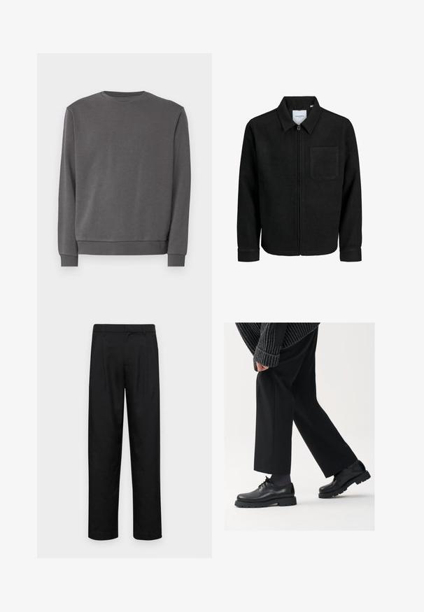 Juodas džemperis su užtrauktuku, apykakle ir vienu krūtiniu kišenėje, pristatytas baltame fone.; Pilkas džemperis, pagamintas iš minkšto medvilnės mišinio, su apvaliu kaklu, ilgomis rankovėmis ir raštuotais rankogaliais bei apačia. Lygus paviršius, be raštų.; Juodi kelnių modeliai, pagaminti iš lygios medžiagos, turi tiesią kojas, du priekiniai klostės ir standartinę juosmenį su diržo kilpomis.; Juodos odinės kojinės su apvalia nosimi, raištelių dizainu ir storu, tekstūriniu padu. Dėvimos su pritaikytomis juodomis kelnėmis ir liniuotėmis megztiniu.