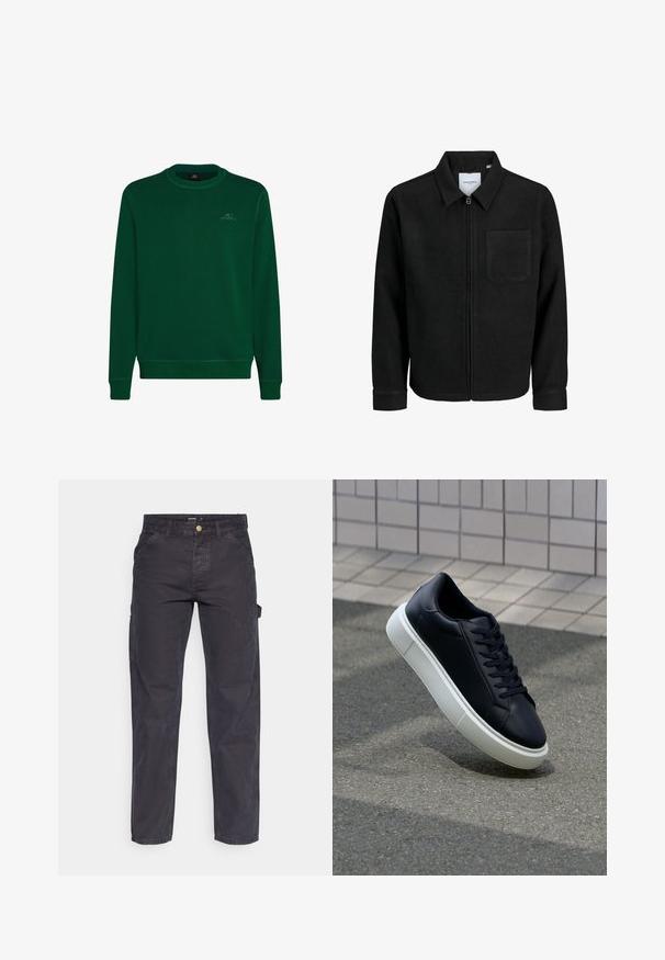 Črna jakna z zadrgo in ovratnikom ter enim žepom na prsih, prikazana na beli podlagi.; Zelena dukserica iz mehkega materiala, z okroglim izrezom, dolgimi rokavi, rebrastimi manšetami in majhnim logotipom O'Neill na prsih.; Temno sivi cargo hlače iz trpežnega materiala, z ravnim krojem nogavic, petimi žepi in gumbom za zapiranje v pasu.; Črne usnjene superge z zaobljenim prstom in belim gumijastim podplat. Imajo ravne vezalke in minimalno šivanje na zgornjem delu. Teksturirani podplat za oprijem.