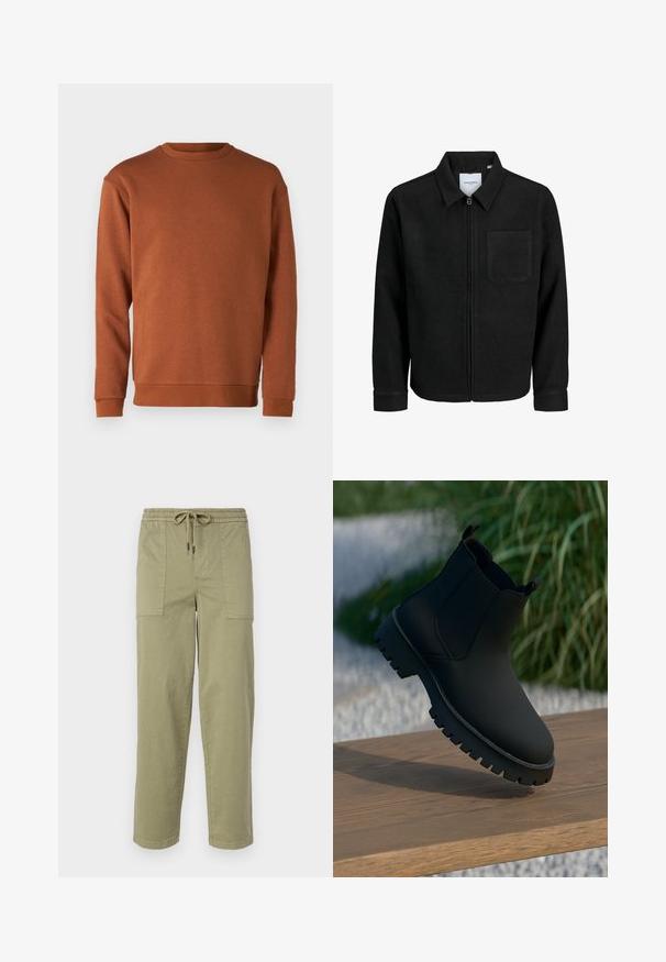 Juodas džemperis su užtrauktuku, apykakle ir vienu krūtiniu kišenėje, pristatytas baltame fone.; Jack & Jones JJEBRADLEY CREW - Sportinis megztinis - mocha bisque; Šviesiai alyvuogių žalios spalvos kelnės, pagamintos iš medvilnės mišinio, su elastingu liemeniu ir raišteliu, bei dviem didelėmis šoninėmis kišenėmis.; Juodos kulkšninių botų, su lygia apdaila, elastingomis šoninėmis juostomis ir stora, tvirta padu. Sufokusuoti gamtos fone ant medinės dangos.