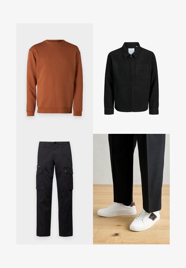 Črna jakna z zadrgo in ovratnikom ter enim žepom na prsih, prikazana na beli podlagi.; Jack & Jones JJEBRADLEY CREW - Športni pulover - mocha bisque; Črne cargo hlače z več žepi, z zadrgo na stegnu, ravnim krojem in trdnim bombažnim materialom z rahlo sijajem.; Beli športni copati z gladko teksturo, okrašeni z rjavimi usnjenimi detajli in črnimi poudarki, v kombinaciji s črnimi krojenimi hlačami. Ozadje iz lesenih tal.
