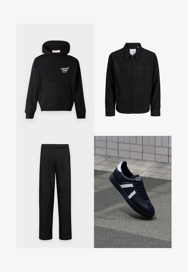 Czarna kurtka z zamkiem na całej długości, z kołnierzem i jedną kieszenią na piersi, umieszczona na białym tle.; Czarna bluzka z kapturem, wykonana z miękkiego materiału, z przednią kieszenią, ściągaczami na rękawach i białym logo na lewej części klatki piersiowej.; Czarne spodnie wykonane z gładkiego materiału, z prostą nogawką, dwoma fałdami z przodu oraz standardowym paskiem z wypustkami na pasek.; Czarne skórzane sneakersy z białymi paskami, teksturowana gumowa podeszwa i sznurowane z przodu. Posiadają metkę marki na języku.
