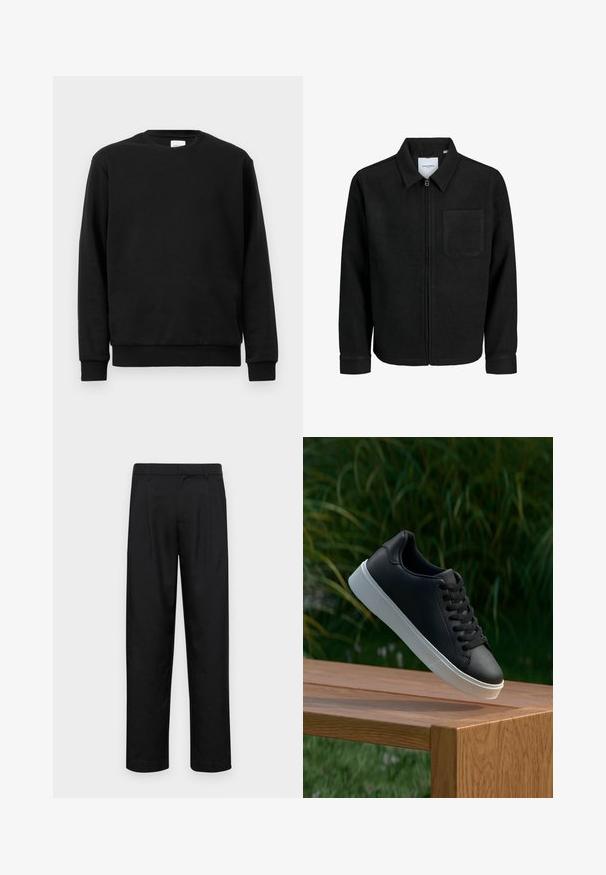 Melna jaka ar rāvējslēdzēju un apkakli, vienu krūšu kabatu, parādīta uz baltas fona.; Melnā džemperis izgatavots no kokvilnas un poliestera auduma; tam ir apaļa kakla izgriezums, garas piedurknes, kā arī ribotās aproces un apakšmala, kas nodrošina ciešu piegulšanu.; Melnas bikses, izgatavotas no gludas auduma, ar taisnu kāju dizainu, divām priekšējām krokām un standarta jostu, kurai ir āķi.; Melnās ādas sporta apavi ar gludu tekstūru, baltu gumijas zoli un sešiem caurumiem šņorešanai, novietoti uz koka virsmas.