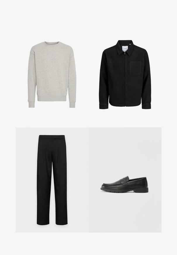 Black zip-up jacket with collar and single chest pocket, displayed on white background.; Gray sweatshirt made of soft cotton blend, featuring a round neckline and ribbed cuffs. Simple design with no patterns or accents.; Black trousers made of smooth fabric, featuring a straight-leg design, two front pleats, and standard waistband with belt loops.; Black leather loafers with a smooth finish, moccasin-style upper, stitched detailing, and a rubber sole. Classic design with a low heel.