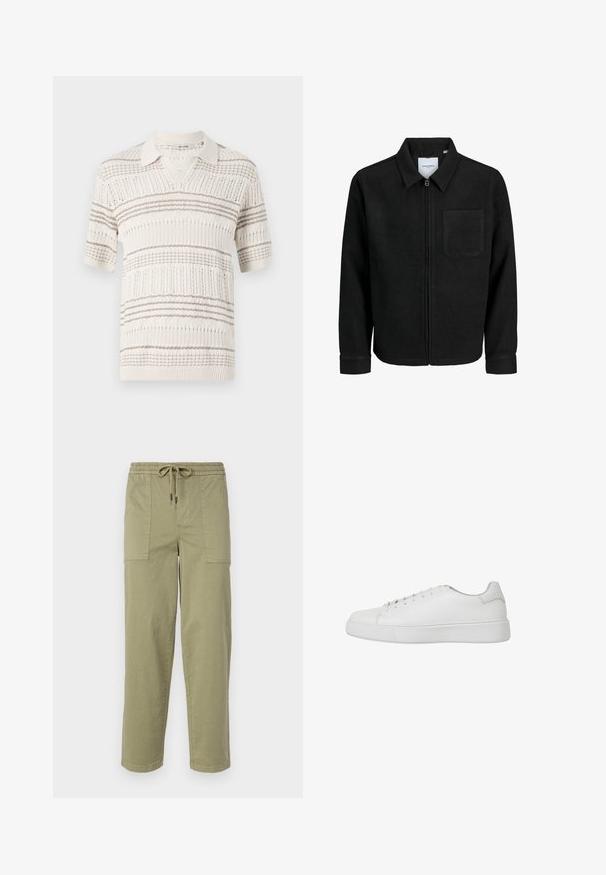 Juodas džemperis su užtrauktuku, apykakle ir vienu krūtiniu kišenėje, pristatytas baltame fone.; Bežinės spalvos mezgamas trumpomis rankovėmis polo marškinėliai su šviesiai rudos horizontaliomis juostelėmis. Pasižymi apykaklės iškirpte ir struktūruotu raštu visame audinyje.; Šviesiai alyvuogių žalios spalvos kelnės, pagamintos iš medvilnės mišinio, su elastingu liemeniu ir raišteliu, bei dviem didelėmis šoninėmis kišenėmis.; Balti sportiniai bateliai, pagaminti iš lygaus odos, su apvaliu nosiu, siuvinėjimo detalėmis ir plokščiu guminiu padu. Minimalistinio dizaino, su raištelių uždarymu.