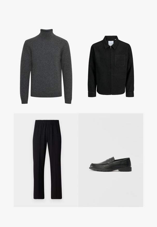 Juodas džemperis su užtrauktuku, apykakle ir vienu krūtiniu kišenėje, pristatytas baltame fone.; Tamsiai pilkas megztinis su aukštu kaklu, pagamintas iš minkšto mezginio; turi ilgas rankoves ir raukšlėtą apykaklę su lygiu paviršių.; Juodos, elastingos juosmens kelnės su tiesiomis kojomis, turinčios lygų paviršių ir be matomų raštų ar detalių.; Juodai odiniai loaferiai su sklandžiu paviršiumi, mokasino stiliaus viršus, siuvinėjimu ir guminėmis padangomis. Klasikinis dizainas su žemu kulnu.