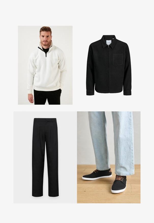 Jachetă neagră cu fermoar, cu guler și un singur buzunar pe piept, expusă pe fundal alb.; Pulover alb din material moale, cu un guler în formă de jumătate de fermoar cu accente negre. Designul include mânici cu pliuri și o croială lejeră.; Pantaloni negri dintr-un material neted, cu un design drept, două pliuri frontale și un tiv standard cu bucle pentru curea.; Tenisi negri din pânză cu accente maro, talpă din cauciuc alb și șireturi maro, asortați cu blugi drepti de culoare albastră deschisă. Fundal din lemn.