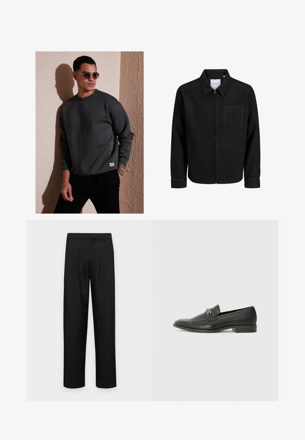 Mustaga lukuga jakker, millel on krae ja üks rinna-tasku, esitatud valgel taustal.; Tumehall sweatshirt, millel on ümmargune kaelus, ribaga mansetid ja väike bränditud etikett allservas, koos ümmarguste päikeseprillidega.; Mustad mustadest riietest, millel on sirge jalgade disain, kaks eesmist voltimist ja tavaline vöökoht, millel on vöökohad.; Must haveate nahkking punased, millel on sile viimistlus, tikitud muster ja dekoratiivne metallkett vampi üle. Tasane konts.