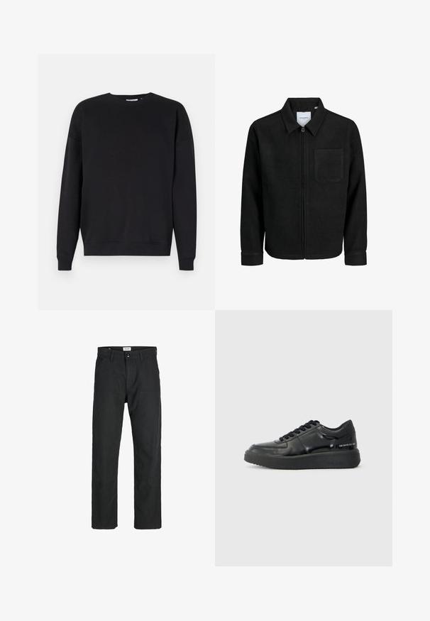 Chaqueta negra con cremallera y cuello, con un solo bolsillo en el pecho, expuesta sobre un fondo blanco.; Sudadera negra hecha de un tejido suave que cuenta con un cuello redondo, hombros caídos, puños acanalados y un dobladillo recto. No se observan patrones ni logotipos.; Pantalones negros de tela duradera, con un diseño de pierna recta, detalles cosidos y dos bolsillos frontales para mayor funcionalidad.; Zapatillas de cuero negro con un acabado suave, punta redonda y suela de goma negra de contraste. Presentan cordones planos y un logo en el lateral.