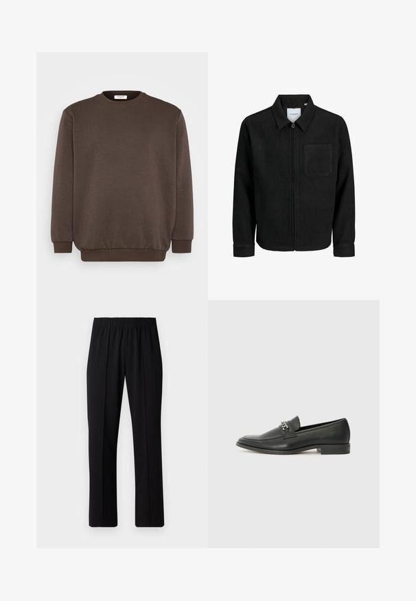 Schwarze Zip-Jacke mit Kragen und einer einzelnen Brusttasche, auf weißem Hintergrund präsentiert.; Jack & Jones JJEBRADLEY CREW - Sweatshirt - mulch; Schwarze, Gummibund-Hosen mit geradem Schnitt, die eine glatte Textur aufweisen und keine sichtbaren Muster oder Beschläge haben.; Schwarzer Lederloafer mit glatter Oberfläche, ausgestattet mit einer gesteppten Gestaltung und einem dekorativen Metallkettendetail über dem Vorderblatt. Flacher Absatz.