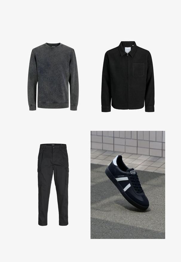 Črna jakna z zadrgo in ovratnikom ter enim žepom na prsih, prikazana na beli podlagi.; Sivi pulover s krojim po vratu in dolgimi rokavi, izdelan iz mehkega, strukturiranega blaga. Ima zabrisan, opran videz in preproste šive.; Črne cargo hlače iz trdnega blaga, ki imajo več žepov, gumbasto zapiranje in ozek kroj z zožanimi nogami.; Črne usnjene superge z belimi črtami, teksturiran gumijast podplat in zavezovanje spredaj. Imajo označeno oznako na ježku.