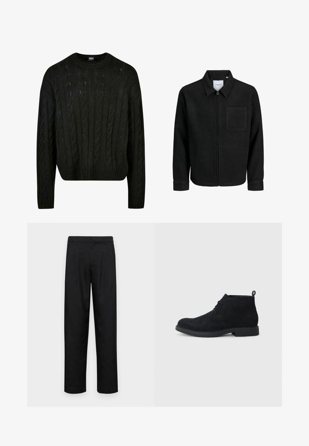 Fekete, zipzáros dzseki gallérral és egyetlen mellzsebbel, fehér háttéren.; Fekete kötött pulóver, kábelmintás, kerek nyakkivágással, ejtett vállakkal és bordázott aljjal. Közepes hosszúságú fazon, texturált felülettel.; Fekete nadrág sima anyagból, egyenes szárú fazonnal, két elülső redővel és közönséges derékkal, övhurkokkal.; Fekete velúr bokacsizmák lekerekített orral, fűzős kialakítással és texturált gumitalppal. Hátsó részen kis húzófül található.