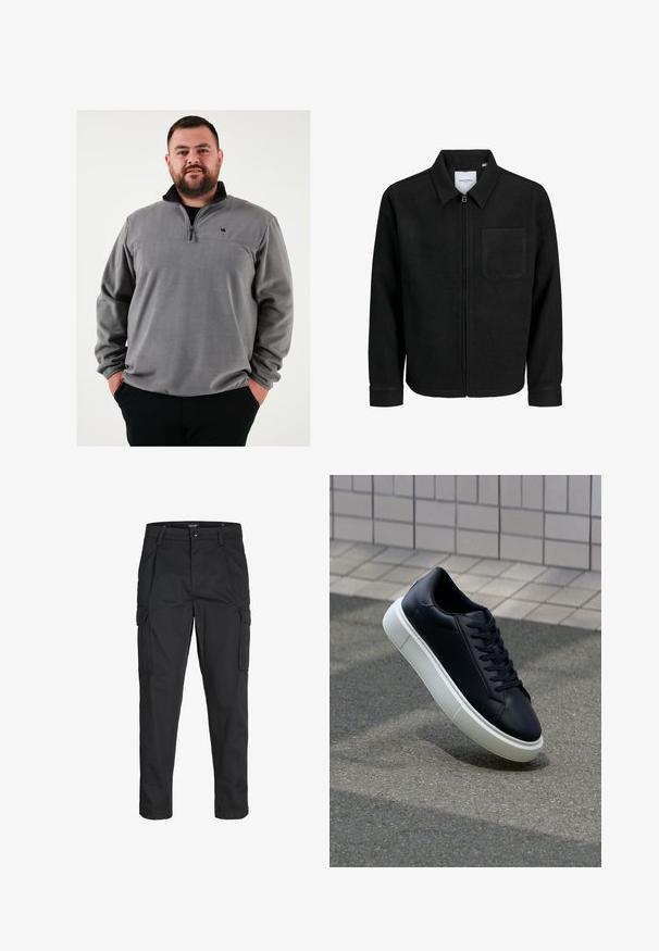 Juodas džemperis su užtrauktuku, apykakle ir vienu krūtiniu kišenėje, pristatytas baltame fone.; Pilkos vilnos puloveris su pusiau užtrauktuku, turintis juodą apykaklę ir mažą logotipą ant krūtinės. Minkšta tekstūra ir laisvas siluetas.; Juodi krovinių tipo džinsai, pagaminti iš tvirto audinio, su keliais kišeniais, mygtuko uždarymu ir siauru, prigludusiu dizainu su siaurėjančiomis kojomis.; Juodas odinis sportbačius su apvaliu pirštu ir baltu gumuotu padu. Turi plokščias raišteles ir minimalų siuvimą viršuje. Padangos tekstūra užtikrina sukibimą.