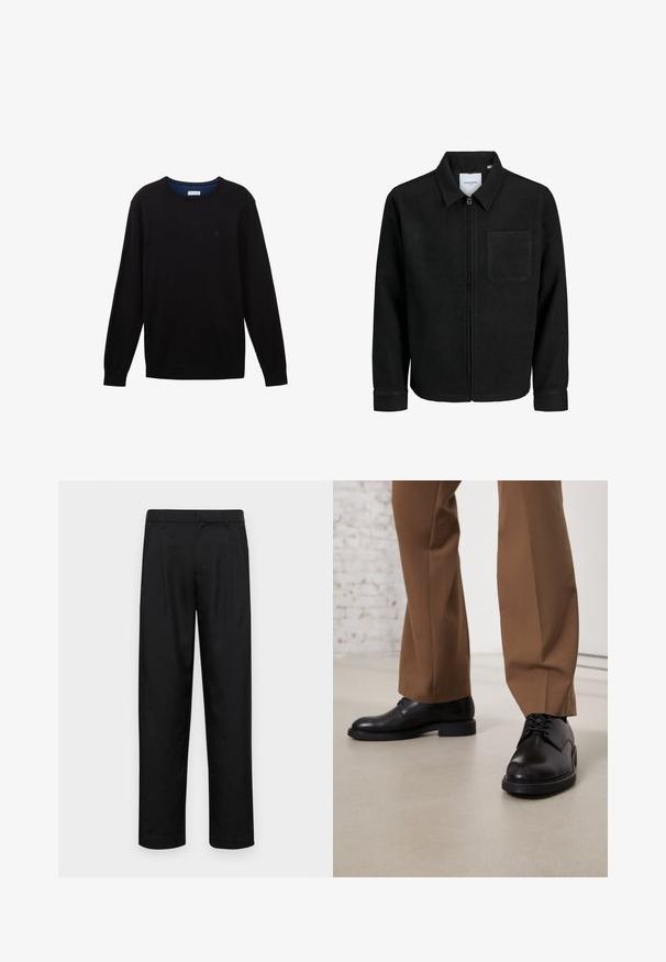 Schwarze Zip-Jacke mit Kragen und einer einzelnen Brusttasche, auf weißem Hintergrund präsentiert.; Schwarzer Strickpullover mit langen Ärmeln, geripptem Kragen, Bündchen und Saum. Besitzt ein dezentes Logo auf der Brust und einen blauen Innenkragen.; Schwarze Hose aus glattem Stoff, mit geradem Bein Design, zwei vorderen Falten und einem Standardbund mit Gürtelschlaufen.; Schwarze Lederschuhe mit glatter Oberfläche und runder Zehenpartie, mit Schnürverschluss und einer flachen, niedrigen Sohle. Kombiniert mit braunen Hosen.