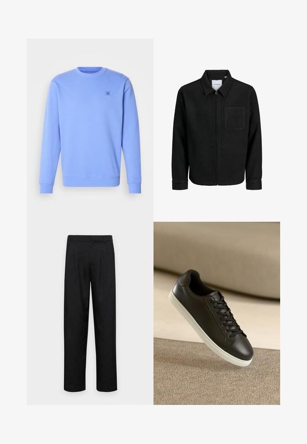 Crna jakna na zip s ovratnikom i jednim džepom na prsima, prikazana na bijeloj pozadini.; Svijetloplava dukserica izrađena od mekog materijala, s okruglim izrezom, rebrastim manžetama i malim, diskretnim logotipom na prsima.; Crne hlače od glatkog materijala, s dizajnom ravnih nogavica, dva prednja nabora i standardnim pojasom s petljama za remen.; Crne kožne tenisice s bijelim gumiranim potplatom i crnim vezicama, smještene na bež tkaninskoj površini i pozadini.