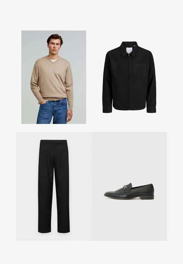 Svart zip-jacka med krage och en enda bröstficka, visad på vit bakgrund.; Scalpers V NECK - Stickad tröja - taupe; Svarta byxor i slät väv, med rak ben-design, två framfickor och standardmidja med bälteshällor.; Svart läderloafers med en slät yta, med en sydd design och en dekorativ metallkedjeaccent över västen. Platt häldesign.