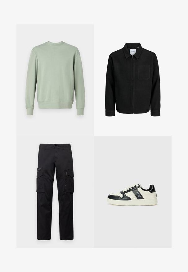 Chaqueta negra con cremallera y cuello, con un solo bolsillo en el pecho, expuesta sobre un fondo blanco.; Sudadera verde de cuello redondo, hecha de tela suave, con mangas largas, puños acanalados y un corte relajado. Diseño simple sin patrones ni acentos.; Pantalones cargo negros con múltiples bolsillos, un bolsillo con cremallera en el muslo, corte recto y tejido de algodón resistente con un ligero brillo.; Zapatillas de cuero con un esquema de colores negro y crema, que cuentan con acentos perforados, un collar acolchado y una suela texturizada.