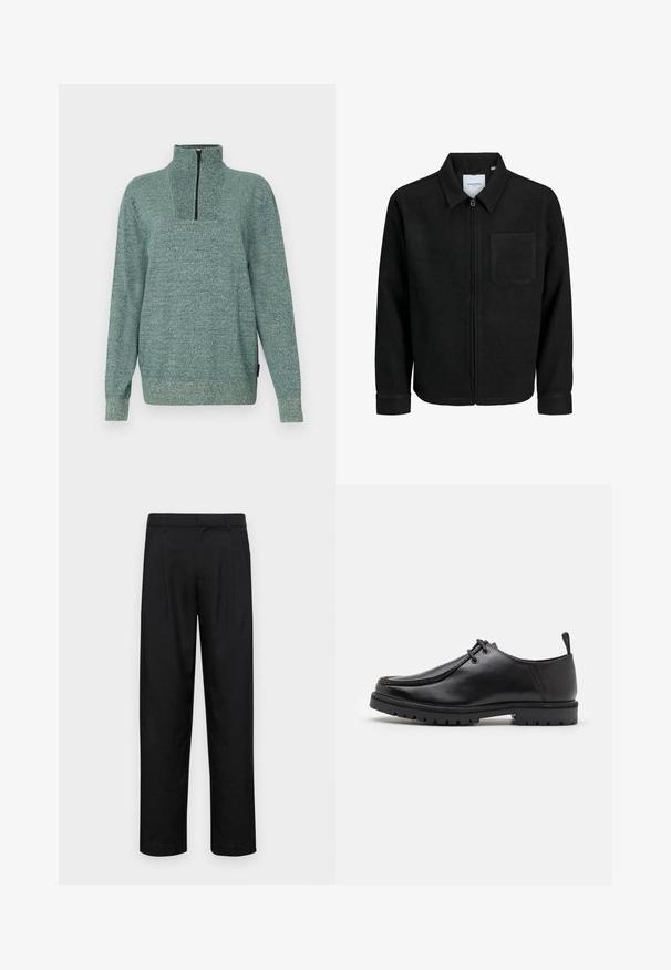 Črna jakna z zadrgo in ovratnikom ter enim žepom na prsih, prikazana na beli podlagi.; Pulover s dolgimi rokavi iz pletene tkanine z teksturirano zeleno barvo in četrtim zadrgo na visokem ovratniku, prikazan na enostavni podlagi.; Črne hlače iz gladkega materiala, s krojem ravne noge, dvema sprednjima pregiboma in standardnim pasom z zankami za pas.; Črne usnjene čevlje na vezanje z robustnim podplatom in zanko na peti, prikazani s strani na beli podlagi.
