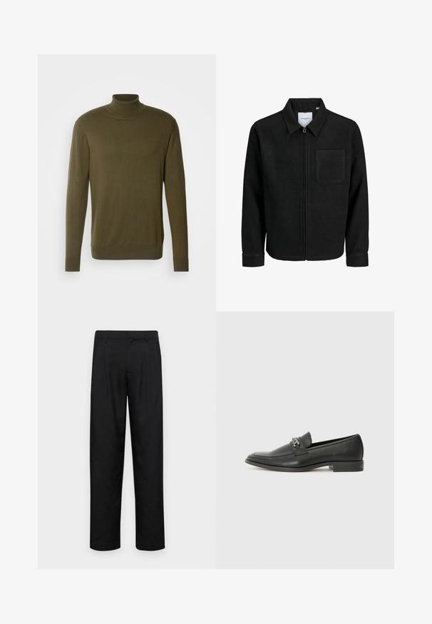 Mustaga lukuga jakker, millel on krae ja üks rinna-tasku, esitatud valgel taustal.; Olive roheline kõrge kaelusega kampsun, mis on valmistatud siledast ja kergest kangast; sisaldab pikki varrukaid ning soonikkoes mansette ja alumist serva.; Mustad mustadest riietest, millel on sirge jalgade disain, kaks eesmist voltimist ja tavaline vöökoht, millel on vöökohad.; Must haveate nahkking punased, millel on sile viimistlus, tikitud muster ja dekoratiivne metallkett vampi üle. Tasane konts.