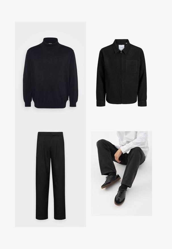 Melna jaka ar rāvējslēdzēju un apkakli, vienu krūšu kabatu, parādīta uz baltas fona.; Melnas tīkliņa dzidrā ar garām piedurknēm, rievotām apkaklītēm un aprocēm, piedāvā brīvu piegriezumu un gludu tekstūru. Izstrādāts ikdienas nēsāšanai.; Melnas bikses, izgatavotas no gludas auduma, ar taisnu kāju dizainu, divām priekšējām krokām un standarta jostu, kurai ir āķi.; Melnas sporta kurpes ar gludu un teksturētu virsu, apgādātas ar gumijas zoli un tumšiem auklām. Saskaņotas ar melniem džinsiem un baltu svītrainu krekls.