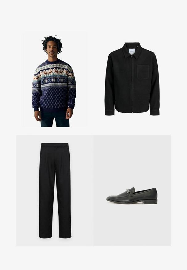 Črna jakna z zadrgo in ovratnikom ter enim žepom na prsih, prikazana na beli podlagi.; Mornarski pleteni pulover z zimskimi vzorci, zasnovami jelena, snežinkami in geometrijskimi poudarki v kremnih in modrih tonih.; Črne hlače iz gladkega materiala, s krojem ravne noge, dvema sprednjima pregiboma in standardnim pasom z zankami za pas.; Črni usnjeni loafer z gladko površino, ki ima šivano zasnovo in dekorativni kovinski verižni naglas preko vampirja. Ravno peto.