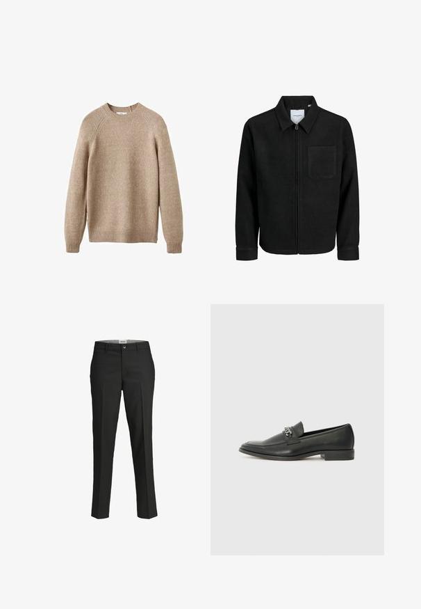 Črna jakna z zadrgo in ovratnikom ter enim žepom na prsih, prikazana na beli podlagi.; Bež pulover iz pletene preje s krojnim ovratnikom, rebrastimi manžetami in robom. Ima teksturirano površino in raglan rokave. Klasičen kroj.; Črne hlače, krojene prilega, gladka tkanina, srednje visok pas, sprednja zaponka, diagonalne žepke in pregibna podrobnost vzdolž nog.; Črni usnjeni loafer z gladko površino, ki ima šivano zasnovo in dekorativni kovinski verižni naglas preko vampirja. Ravno peto.
