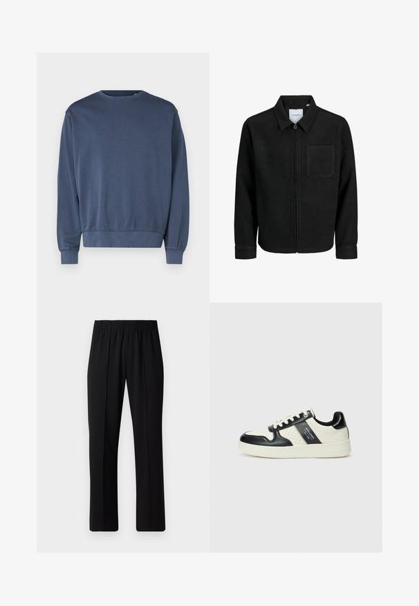 Musta vetoketjullinen takki, jossa on kaulus ja yksi rintatasku, esitelty valkoista taustaa vasten.; Tumma sininen huppari pehmeästä kankaasta, jossa on pyöreä kaula-aukko, pitkät hihat sekä ribattu hiha- ja helmareuna. Yksinkertainen muotoilu, ei kuvioita tai grafiikoita.; Mustat, joustavat vyötäröhousut suoralla lahkeella, joissa on sileä pinta ilman näkyviä kuvioita tai metalliosia.; Nahkakengät musta-kerma värimaailmassa, joissa on rei'itetyt yksityiskohdat, pehmustettu nilkkaosa ja teksturoitu pohja.