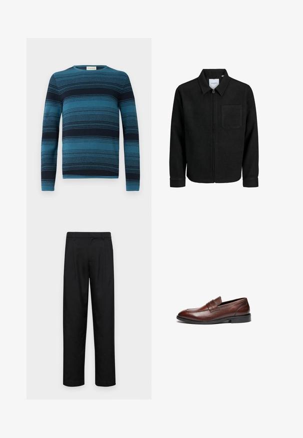 Crna jakna na zip s ovratnikom i jednim džepom na prsima, prikazana na bijeloj pozadini.; Pmula dugih rukava u plavim i tamnoplavim prugama s okruglim izrezom, teksturirana tkanina i detaljni pleteni uzorci kroz cijeli pulover.; Crne hlače od glatkog materijala, s dizajnom ravnih nogavica, dva prednja nabora i standardnim pojasom s petljama za remen.; Smeđe kožne mokasine s glatkom površinom, zaobljenim nosom, dekorativnom trakom i crnim gumenim potplatom. Sadrži minimalne detalje šivanja.