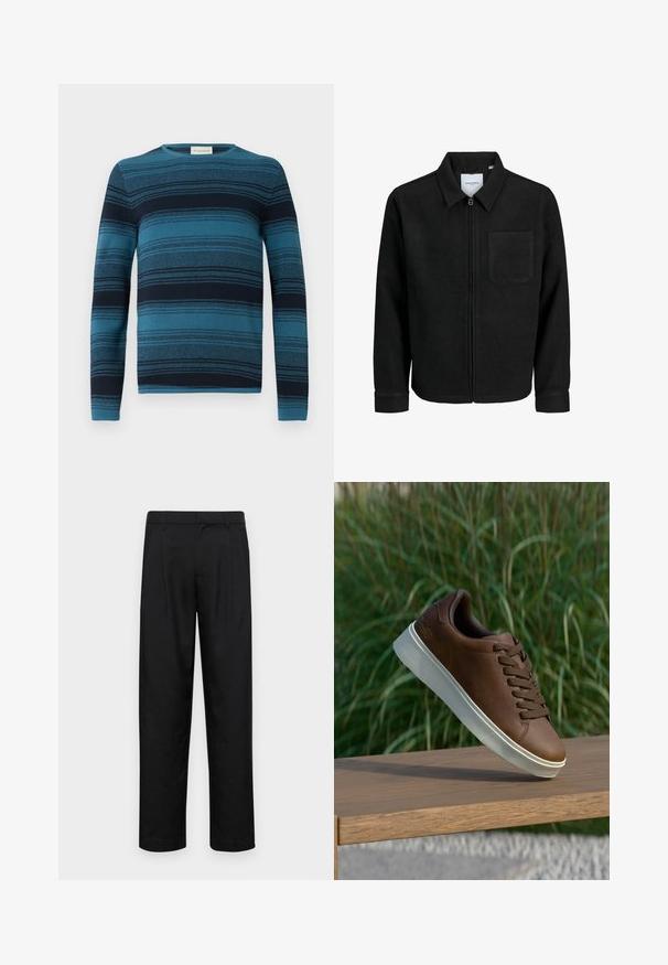 Melna jaka ar rāvējslēdzēju un apkakli, vienu krūšu kabatu, parādīta uz baltas fona.; Zilā un tumši zilā svītrainā garo piedurkņu džemperis ar apaļu kakla izgriezumu, strukturēta auduma un smalkām austiņu rakstām krustojumā.; Melnas bikses, izgatavotas no gludas auduma, ar taisnu kāju dizainu, divām priekšējām krokām un standarta jostu, kurai ir āķi.; Brūni ādas tenisi ar baltu gumijas zoli, noapaļota purngala un brūniem šņorēm. Zoles teksturētā saķere un gluda virsma augšdaļā.