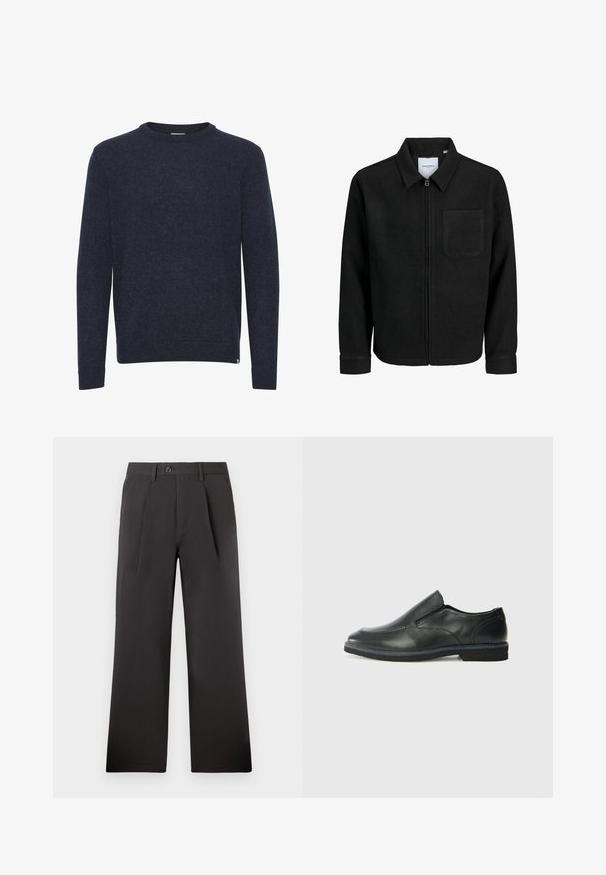 Fekete, zipzáros dzseki gallérral és egyetlen mellzsebbel, fehér háttéren.; Sötétkék pulóver puha, texturált anyagból. Kerek nyakkivágása, hosszú ujja és bordázott mandzsettái és alsó szegélye van. Egyszerű dizájn.; Fekete, plisszírozott nadrág, egyenes fazonnal, sima anyagból készült. Gombos záródással és övhurkokkal rendelkezik a deréknál.; Fekete bőr, slip-on cipő sima felsőrésszel, varrott díszítéssel, lekerekített orral és alacsony gumitalppal. A talpa minimális bordázattal rendelkezik.