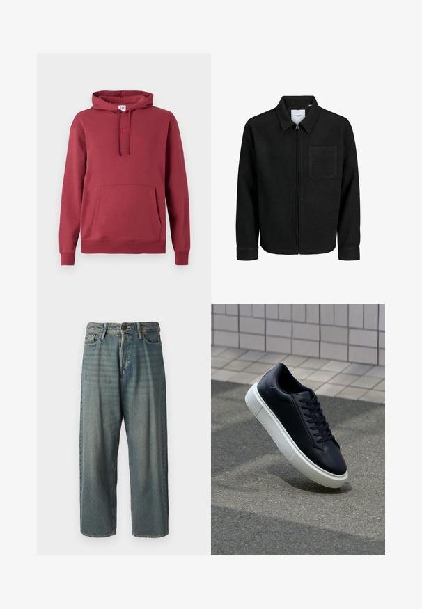 Črna jakna z zadrgo in ovratnikom ter enim žepom na prsih, prikazana na beli podlagi.; Rdeča kapa s sprednjim kenguru žepom, kapuco na vrvico, rebrastimi manšeti in robom ter diskretno vezenim logotipom na prsih.; Svetlomoderne kavbojke z ohlapnim krojem, srednjim pasom in ravnimi nogami. Imajo pet žepov, zanke za pas in zapiranje na gumb.; Črne usnjene superge z zaobljenim prstom in belim gumijastim podplat. Imajo ravne vezalke in minimalno šivanje na zgornjem delu. Teksturirani podplat za oprijem.